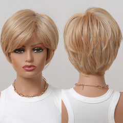 Real Photo Blonde Ombre White Short Pixie Bob Synthetic Wig with Natural Layering and Bangs Suitable for Both Men and Women