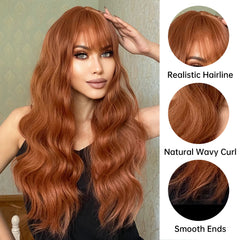 Copper Red Brown Synthetic Wigs Long Curly Wave Auburn Wigs with Bangs for Cosplay Daily Natural