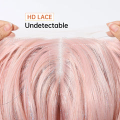Natural Pink Synthetic Fiber Lace Wig with Long Curly Body Wave Soft Breathable Closed Cap Real-Life Photo of Loose Waves