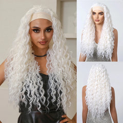 Long Golden Silver Gray Curly Hairband Wig Elastic Cap Heat-Resistant Breathable Water Wave Synthetic Wig with Real Photos