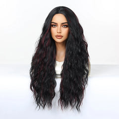 Synthetic Fiber Wig Natural Wave African Curly Super Wave Black Wig Red Striped Elastic Cap Bangs Long Heat-Resistant