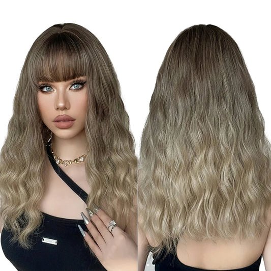 Synthetic Ombre Ash Light Brown Curly Wig with Bangs Middle Length Wavy Natural Hair Wigs Heat Resistant