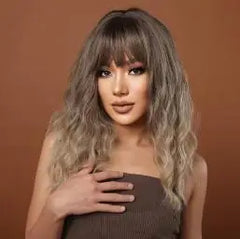 Synthetic Ombre Ash Light Brown Curly Wig with Bangs Middle Length Wavy Natural Hair Wigs Heat Resistant