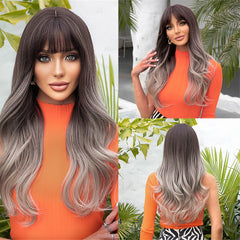 Wigs Long Wavy Wig with Bangs Ombre Brown For Women Curly Hair wholesale synthetic Synthetic wigs