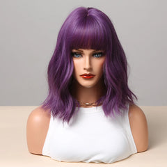 Dark Purple Synthetic Wigs Short BoBo Deep Curly Wig with Bangs for Women colored wig