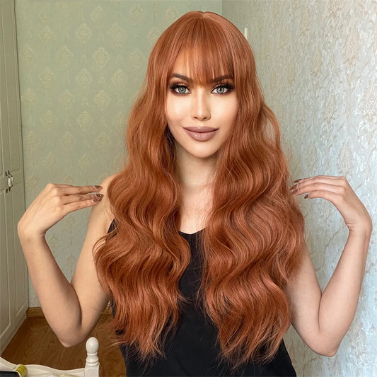 Copper Red Brown Synthetic Wigs Long Curly Wave Auburn Wigs with Bangs for Cosplay Daily Natural