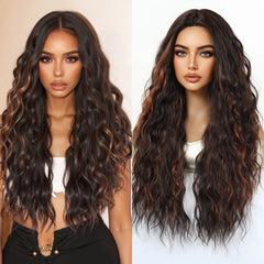 Synthetic Future Fiber Long Brown Mixed Red Stripes Wig with Elastic Cap Natural Loose Wavy No Bangs Organic Capless Wigs