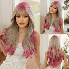 Dark Brown Kinky Curly Wave Mixed Blonde Synthetic Wigs with Bangs Deep Wave Long Hair Wig for Women