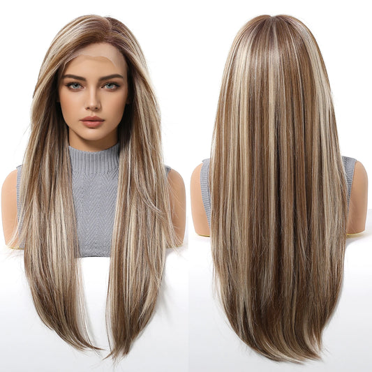 13x6 HD U Lace Wig Synthetic Future Fiber Straight Natural Hair Vertical Light Brown Gold Stripes Real Photo Video Medical