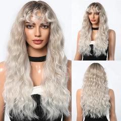 MOQ1 Ombre Blonde Curly Wigs with Bangs Long Wave Synthetic Full Wig Cute Party Cosplay Wig High Temperature False Hair