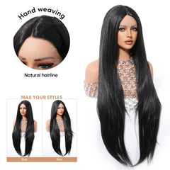Future Fiber 32-Inch 13x1x6 T-Shaped Lace Front Wig Soft Smooth Black Lace Wig Closed Cap Real Photo Straight Style Transparent
