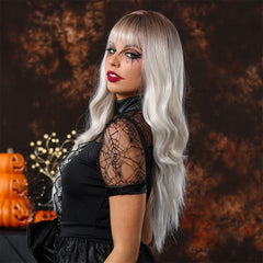 Heat Resistant Fiber Long Wig Platinum Ombre Natural Curly Hair Synthetic Bangs Wig Curly Hair Matte High Density Real Photo