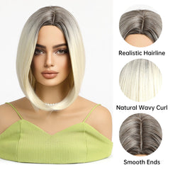 Blonde Ombre Mixed Short Bob Synthetic Wig with Layering and No Bangs Heat Resistant Fiber Women's Style Real Photo