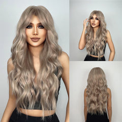 Wigs Wholesale Ash Brown Wave Synthetic Wigs With Bangs Long Brown Highlight Curly Wig Mixed Brown Heat Resistant False Hair