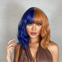 Pink Gold Blue Ombre Bang Bob Synthetic Wig Short Curly Hair Durable Matte Real Photo