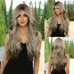 MOQ1 Ombre Blonde Curly Wigs with Bangs Long Wave Synthetic Full Wig Cute Party Cosplay Wig High Temperature False Hair