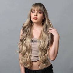 34 Inch Extra Long Heat Resistant Fiber Wig Golden Layered Large Wave Curly Synthetic Wig Curly Hair Matte High Density