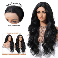 Synthetic Fiber Lace Wig with Natural & Body Waves Soft Breathable Closed Cap Loose Black Real Photo Future Fiber Curly Waves
