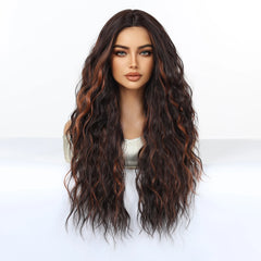 Synthetic Future Fiber Long Brown Mixed Red Stripes Wig with Elastic Cap Natural Loose Wavy No Bangs Organic Capless Wigs