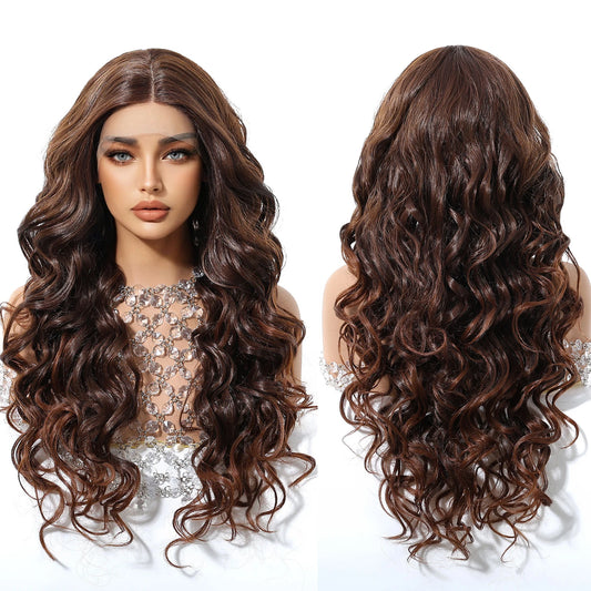Curly Brown for Ombre Striped Mixed Lace Wig with Heat-Resistant Future Fiber Soft & Breathable for Curling Iron Closed Cap 1656