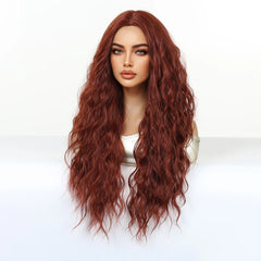 Synthetic Fiber Long Red Brown African Curl Super Wave Heat Resistant Elastic Cap Natural Loose Water Wave Hair No Bangs