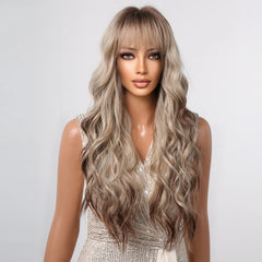 Wigs Wholesale Long Curly Blonde Ombre Synthetic Wigs with Bangs Brown Highlights Water Wavy Hair Wig for Black Women