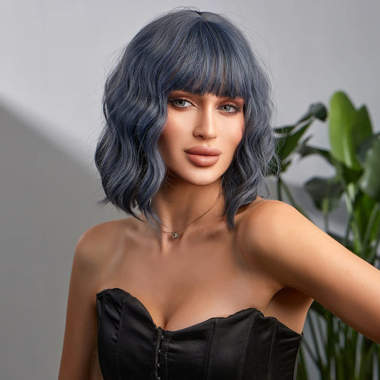 Synthetic Wigs For Women Curly Gray Blue Short Hair Wigs High Temperature Resistant Wholesale Price Immediate Shipping