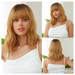 Stock Enough Blonde White Ombre Medium Length Synthetic Wig With Bang Wave Wig Curly Natural Wig Durable Smooth Live Photos