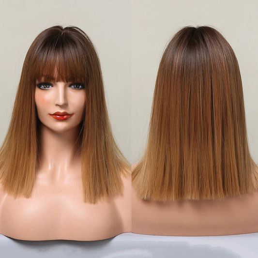 Direct Sale Medium Brown Ombre Gold Hair Straight Bangs Shoulder Length Synthetic Fiber Wig Real Photo