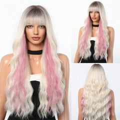 MOQ1 Ombre Blonde Curly Wigs with Bangs Long Wave Synthetic Full Wig Cute Party Cosplay Wig High Temperature False Hair