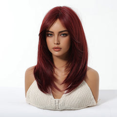 Direct Burgundy Red for Ombre Wig with Bangs High Temperature Fiber Synthetic Hair Elastic Cap Real Photo