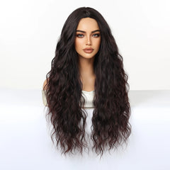 Synthetic Future Fiber Long Red-Brown for Ombre Mixed Stripes Wig Elastic Cap Natural Loose Wavy No Bangs Water Wave Style