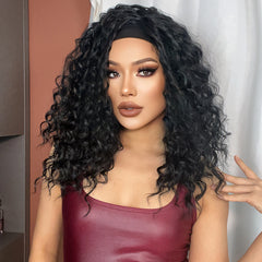 Real Photo African Curly Natural Wave Water Wig Elastic Head Black Heat-resistant Breathable Synthetic Hair Future Fiber