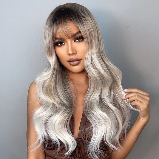 Ombre Ash Brown Blonde Synthetic Wigs with Bangs Long Natural Wave Wigs for Women Cosplay Daily Party Heat Resistant