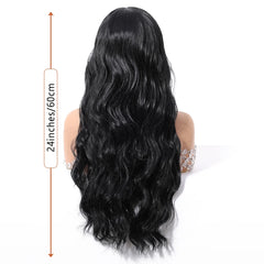 Synthetic Fiber Lace Wig with Natural & Body Waves Soft Breathable Closed Cap Loose Black Real Photo Future Fiber Curly Waves