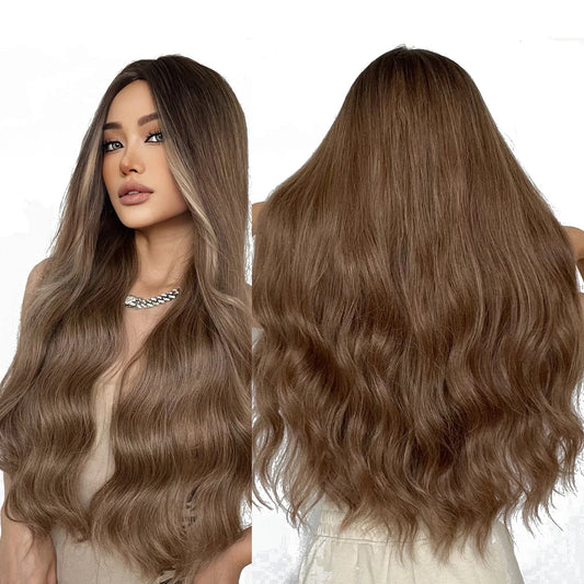 Wigs  Long Wavy Wigs No Bangs Light Brown Middle Part Hair Daily for Women loose wave wig