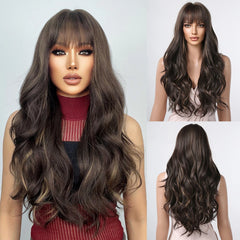 Wigs Wholesale Long Curly Blonde Ombre Synthetic Wigs with Bangs Brown Highlights Water Wavy Hair Wig for Black Women