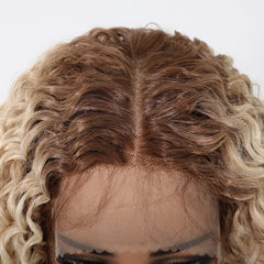 Brown Root Ombre Blonde Super Curly Bob Lace Wig Future Fiber Soft and Breathable Closed African Wig Real Photo