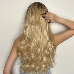 MOQ1 Long Light Golden Body Wave Synthetic Wigs Middle Part Blonde Curly Wig High Quality Soft Hair
