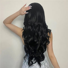 MOQ1 Long Black Body Wave Synthetic Hair Wig Middle Parting Black Natural Curly Wig for Women Heat Resistant