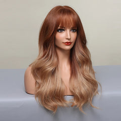 Red Brown Layered Gradient Long Synthetic Wig With Bangs Wave Wig Curly Natural Wig Durable Smooth Real Photos