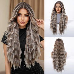 Futura Fiber 13x6 Lace Synthetic Wig Gray Blonde Mixed Color Long Curly Soft Natural Wave Body Wave Real Photo Video