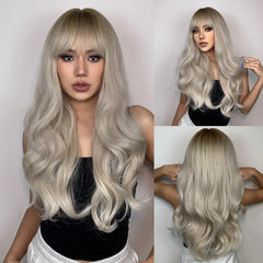 Wigs Wholesale Ash Brown Wave Synthetic Wigs With Bangs Long Brown Highlight Curly Wig Mixed Brown Heat Resistant False Hair