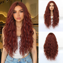 Synthetic Future Fiber Long Red-Brown for Ombre Mixed Stripes Wig Elastic Cap Natural Loose Wavy No Bangs Water Wave Style