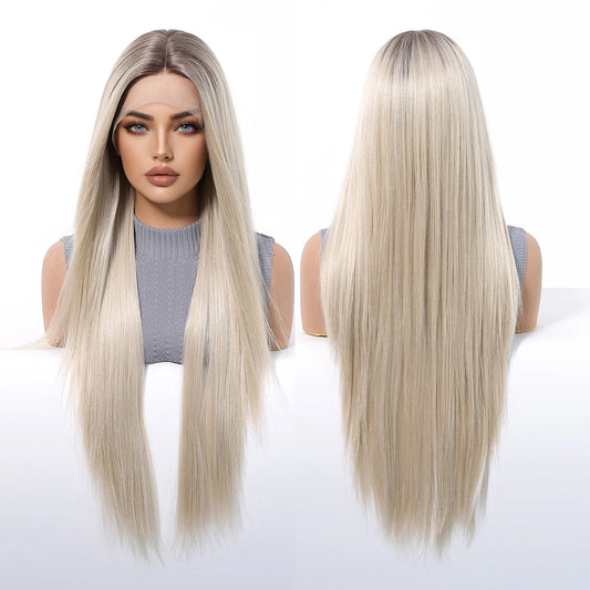 Free Hairstyle 13*6 HD U Lace Wig Synthetic Future Fiber Natural Soft Wig Straight Hair Dark Hair Root Ombre Blonde Mixed Wig