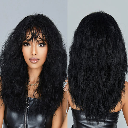 Price Black Wigs Afro Curly Medium Length Synthetic Wig with Bangs Natural Hair Kinky Curly Hairs