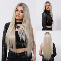 13x6 HD U Lace Wig Synthetic Future Fiber Straight Natural Hair Vertical Light Brown Gold Stripes Real Photo Video Medical