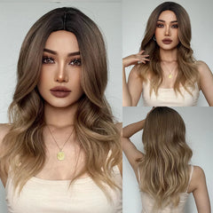 Wigs Synthetic Medium Length Natural Wave Hair Ombre Brown Middle Part Wigs for synthetic wigs wholesale prices