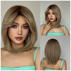 Blonde Ombre Mixed Short Bob Synthetic Wig with Layering and No Bangs Heat Resistant Fiber Women's Style Real Photo