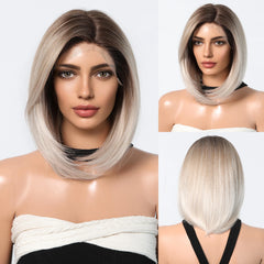 Future Fiber Straight BOB Lace Front Wig Synthetic Wig Transparent Lace Soft and Smooth Real Photo Blonde Ombre Brown Stripes